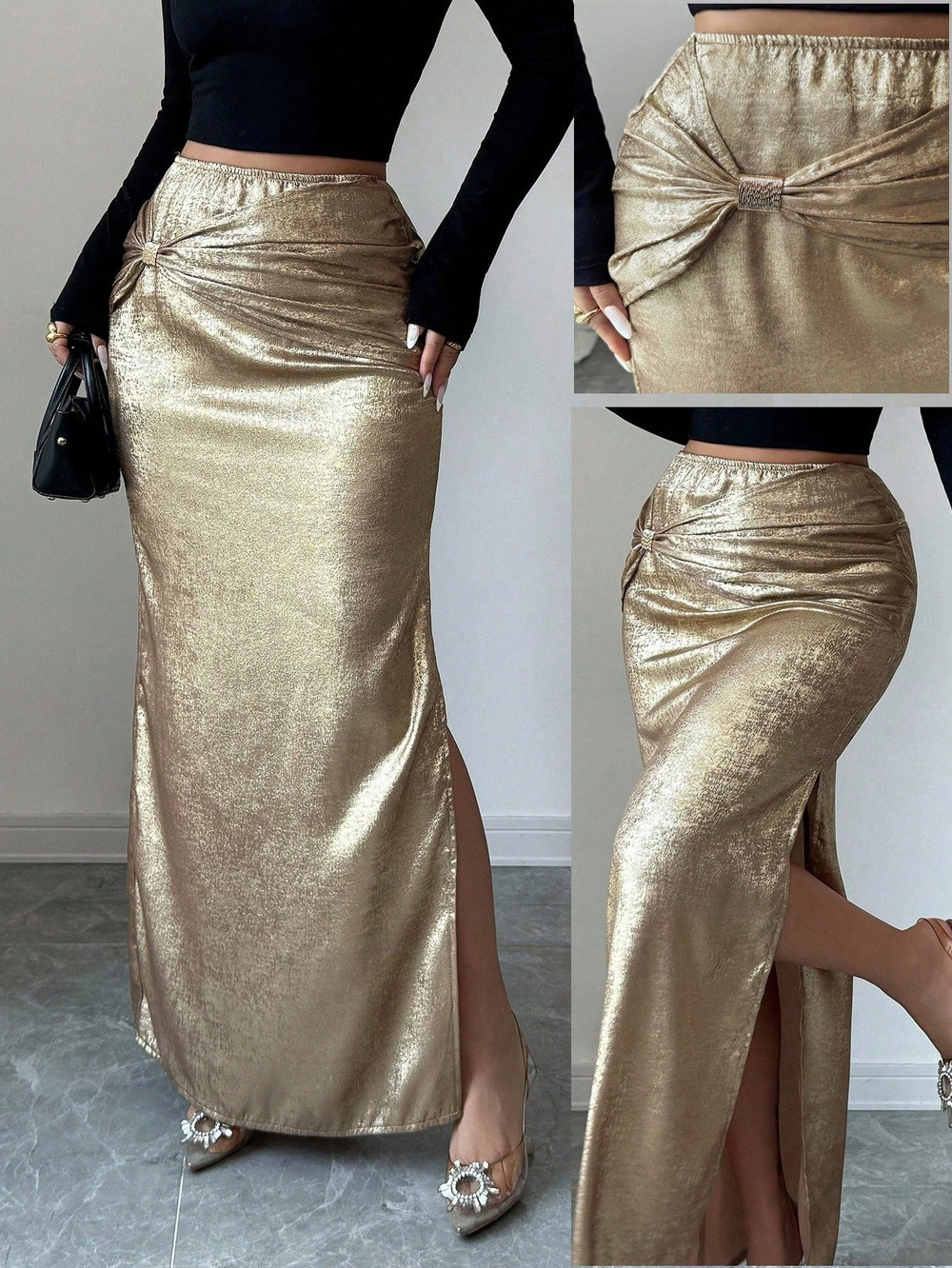 Zara Fall Metallic Trim Pleated Bodycon Slit Skirt